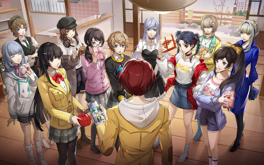 1boy, 6+girls, angry, arai_motoha, artist_request, black-framed_eyewear, black_gloves, black_pantyhose