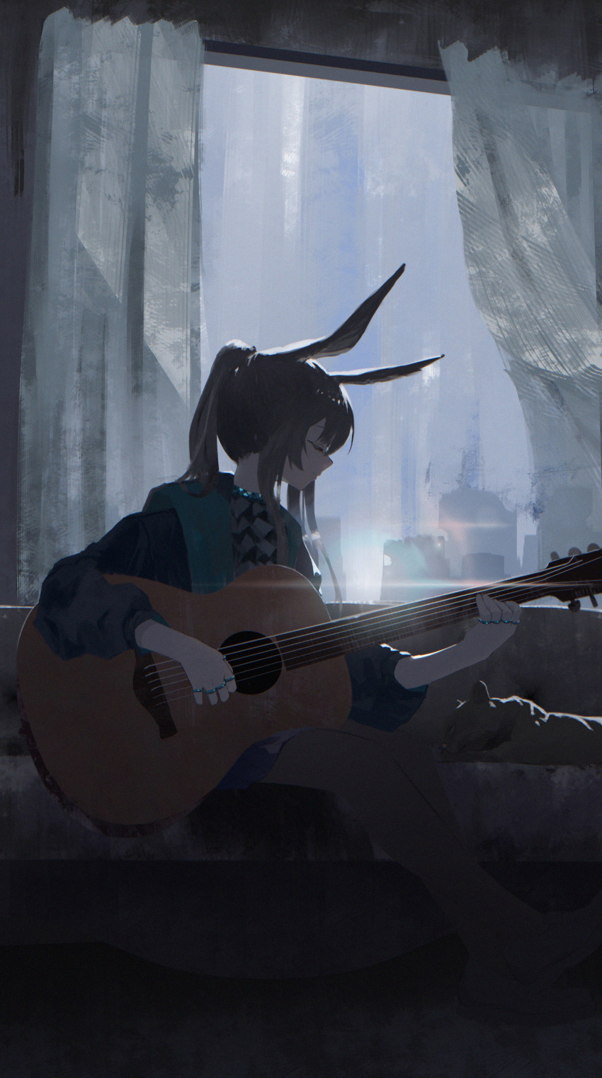 absurdres, amiya_(arknights), animal_ears, arknights, black_jacket, blue_collar, brown_hair, closed_eyes