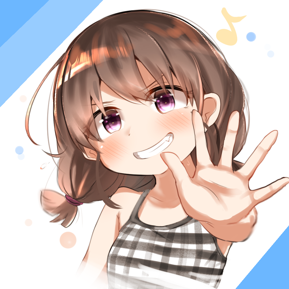 1girl, blush, brown_hair, eighth_note, hand_up, hiyoko_setto, looking_at_viewer, low_twintails