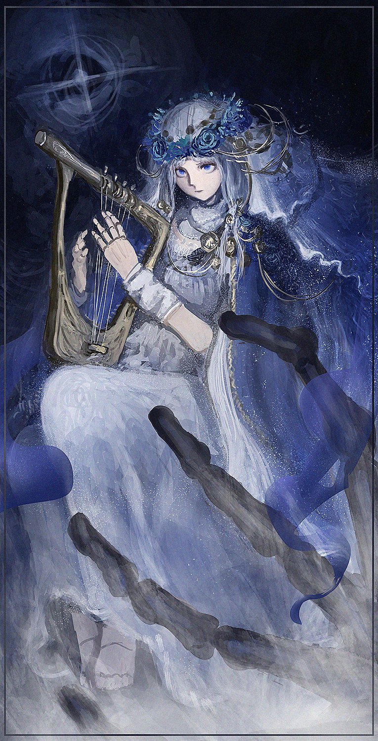 1girl, black_background, blue_eyes, braid, de_rvert, doll_joints, dress, elden_ring