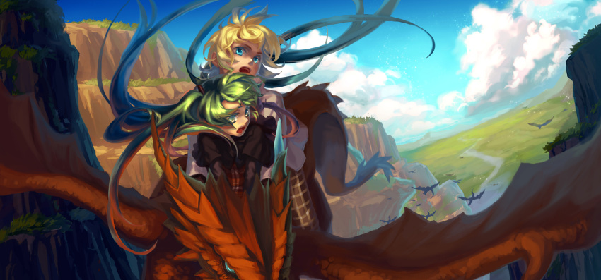blonde_hair, dragon, fantasy, flying, green_hair, hatsune_miku, highres, kagamine_len