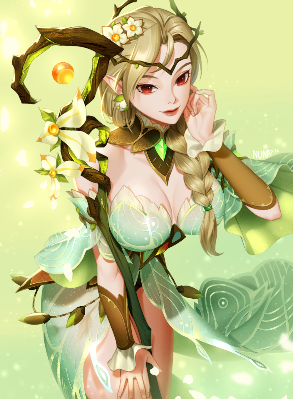 1girl, afk_(series), afk_journey, artist_name, bare_shoulders, blonde_hair, braid, breasts