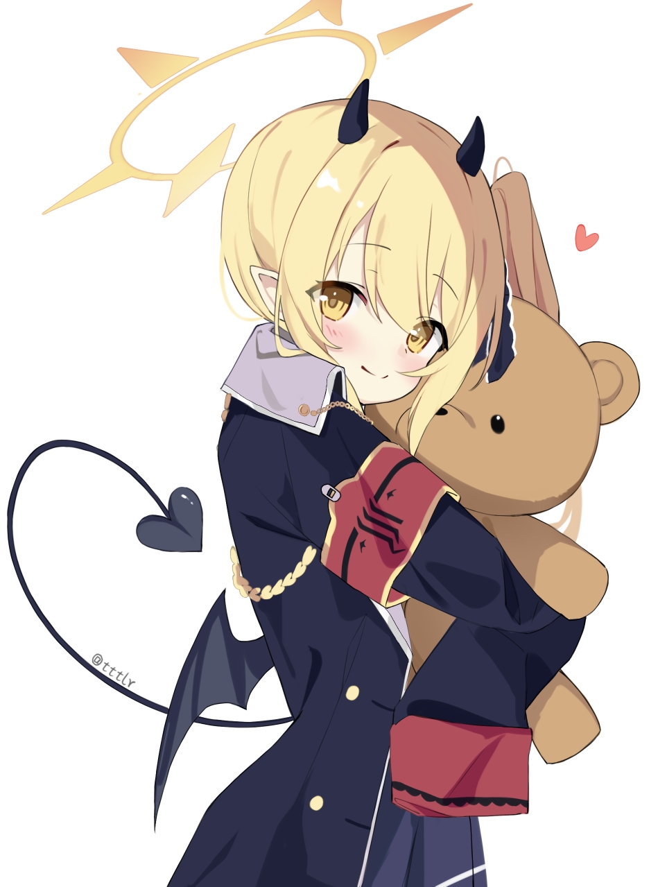 1girl, armband, black_horns, black_tail, black_wings, blonde_hair, blue_archive, commentary_request, demon_horns, demon_tail, demon_wings, halo, highres, horns, hugging_doll, hugging_object, ibuki_(blue_archive), kkurovo, long_hair, long_sleeves, looking_at_viewer, no_headwear, pointy_ears, red_armband, side_ponytail, simple_background, sleeves_past_fingers, sleeves_past_wrists, smile, solo, stuffed_animal, stuffed_toy, tail, teddy_bear, twitter_username, white_background, wings, yellow_eyes, yellow_halo