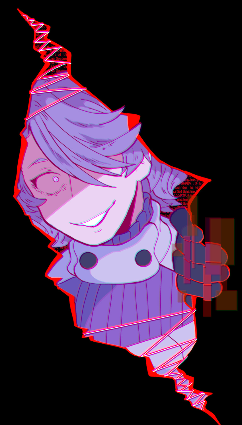 1girl, ai_the_somnium_files, ai_the_somnium_files:_nirvana_initiative, black_background, black_gloves, chromatic_aberration, commentary, english_commentary