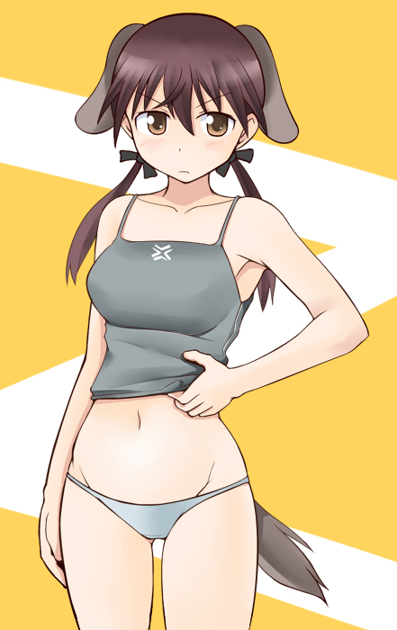 bare_shoulders, blush, brown_eyes, brown_hair, gertrud_barkhorn, navel, panties, strike_witches