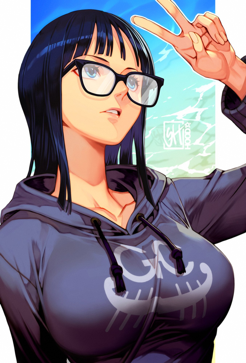 1girl, artist_name, black_hair, blue_eyes, breasts, dark-skinned_female, dark_skin, glasses