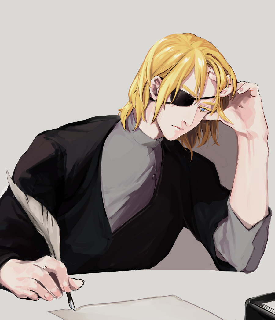 1boy, black_shirt, blonde_hair, blue_eyes, closed_mouth, commentary_request, dimitri_alexandre_blaiddyd, dimitri_alexandre_blaiddyd_(timeskip)