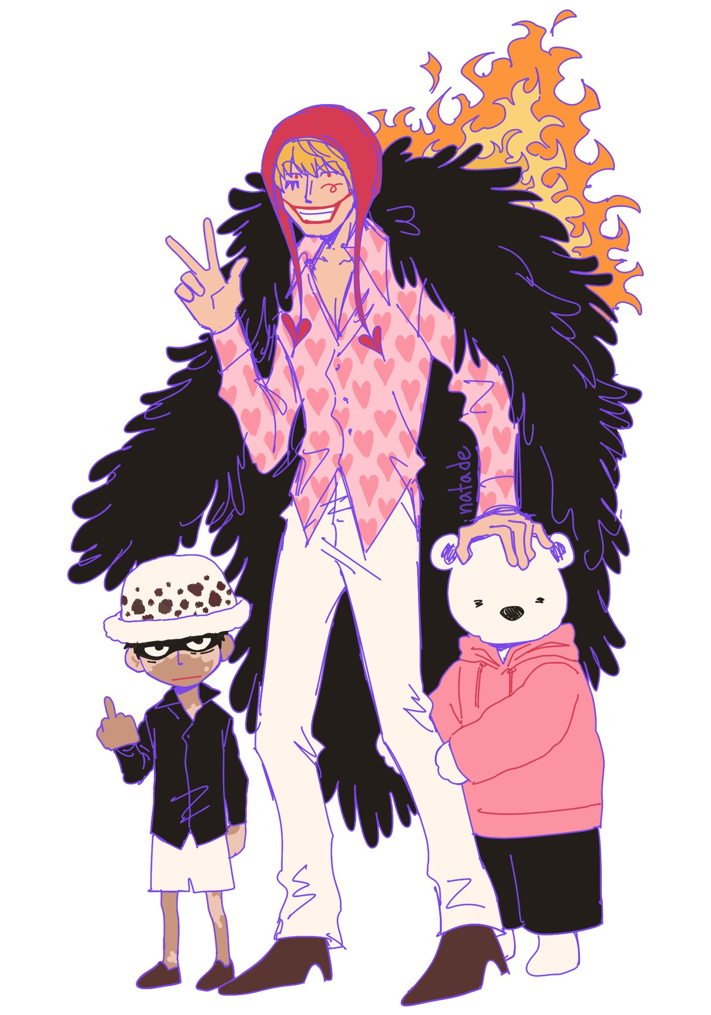 3boys, bear, bepo_(one_piece), blonde_hair, commentary, donquixote_rocinante, english_commentary, feather_cape