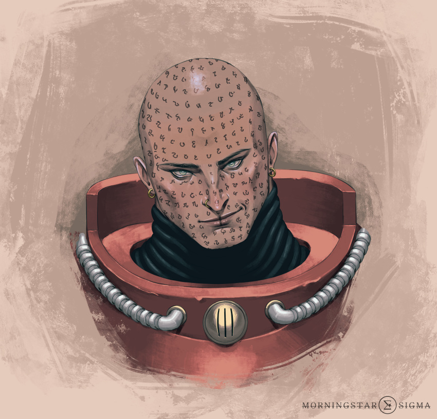 1boy, absurdres, armor, artist_logo, artist_name, bald, breastplate, chaos_(warhammer), chaplain, ear_piercing, earrings, erebus_(wh40k), face_piercing, facial_mark, facial_tattoo, gorget, green_eyes, heresy, highres, hoop_earrings, jewelry, light_smile, logo, looking_at_viewer, male_focus, nose_piercing, piercing, power_armor, red_armor, smile, solo, tattoo, tube, v_moonstar, warhammer_40k, word_bearers