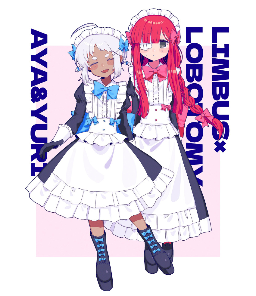 2girls, absurdres, alternate_costume, apron, aya_(project_moon), black_dress, black_shoes, blue_bow