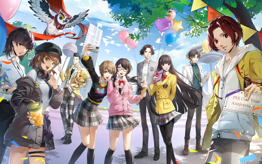 4boys, 6+girls, anniversary, arai_motoha, artist_request, balloon, black-framed_eyewear, black_hat