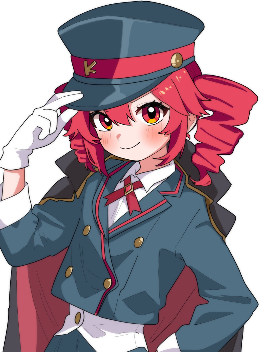1girl, alternate_costume, blush, buttons, cape, closed_mouth, cross_tie, double-breasted, drill_hair, gloves, grey_hat, grey_jacket, hand_on_headwear, hand_up, haru_maron, hat, highres, jacket, kasane_teto, long_sleeves, looking_at_viewer, military_uniform, peaked_cap, red_cross_tie, red_eyes, red_hair, shirt, simple_background, smile, solo, twin_drills, twintails, upper_body, utau, white_background, white_gloves, white_shirt