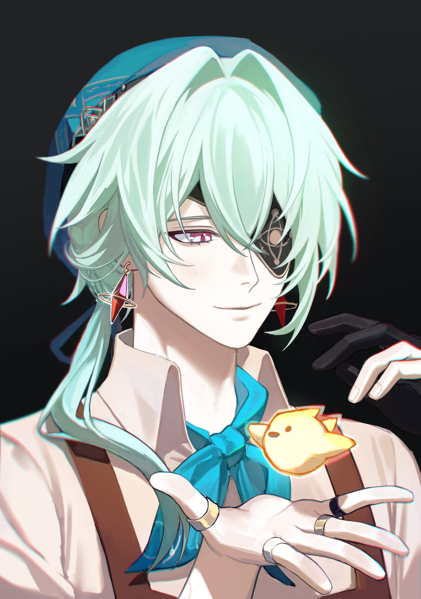1boy, anaxa_(honkai:_star_rail), anaxa_(ingenuity)_(honkai:_star_rail), aqua_hair, bird, black_background, black_gloves, blue_eyes