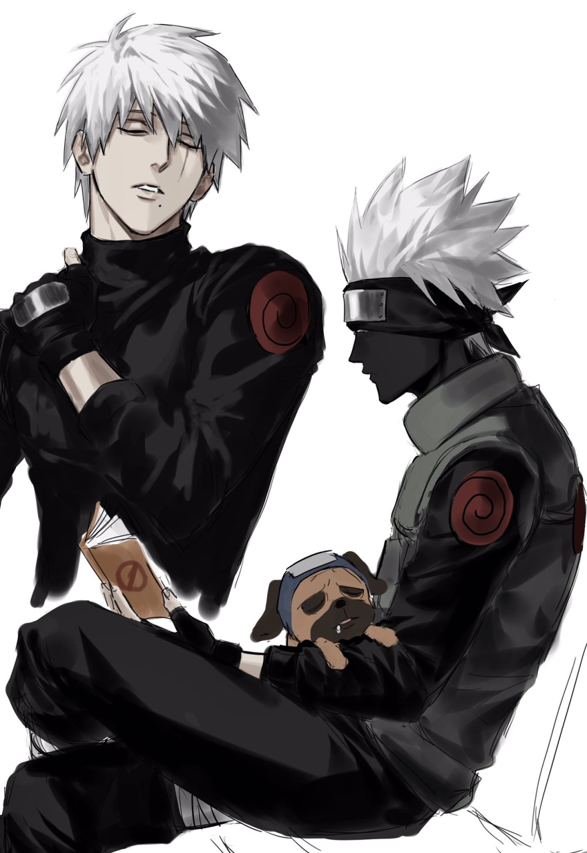 1boy, bandages_over_clothes, black_gloves, book, closed_eyes, dog, fingerless_gloves, flak_jacket