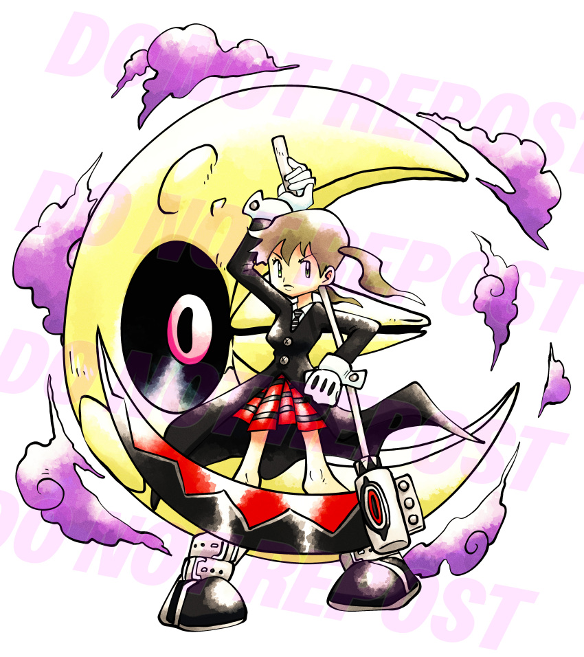 1girl, absurdres, black_coat, boots, closed_mouth, clouds, coat, commentary
