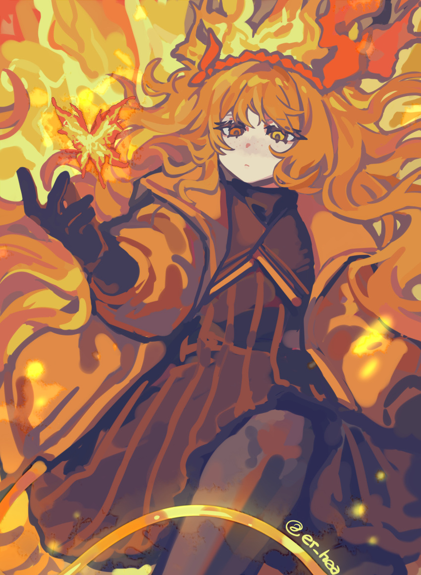 1girl, absurdres, ardor_blossom_star_(e.g.o), black_gloves, black_pantyhose, brown_dress, closed_mouth, dress, e.g.o_(project_moon), er_hea, fiery_wings, fire, full_body, gloves, hairband, heterochromia, highres, ishmael_(project_moon), jacket, limbus_company, long_hair, long_sleeves, looking_at_viewer, orange_eyes, orange_hair, orange_jacket, pantyhose, project_moon, red_hairband, solo, very_long_hair, wings, yellow_eyes