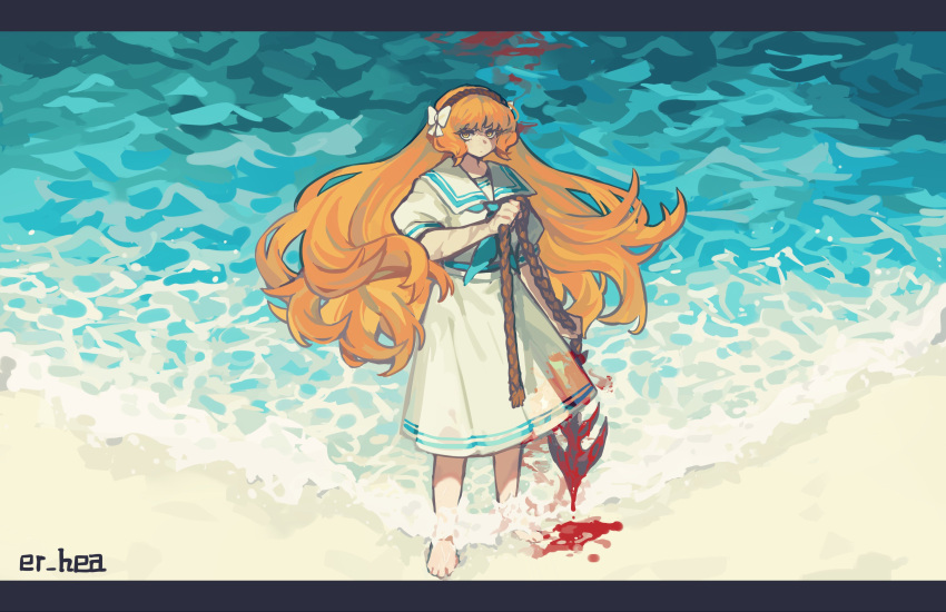 1girl, absurdres, alternate_costume, beach, blue_neckerchief, bow, brown_hairband, dress