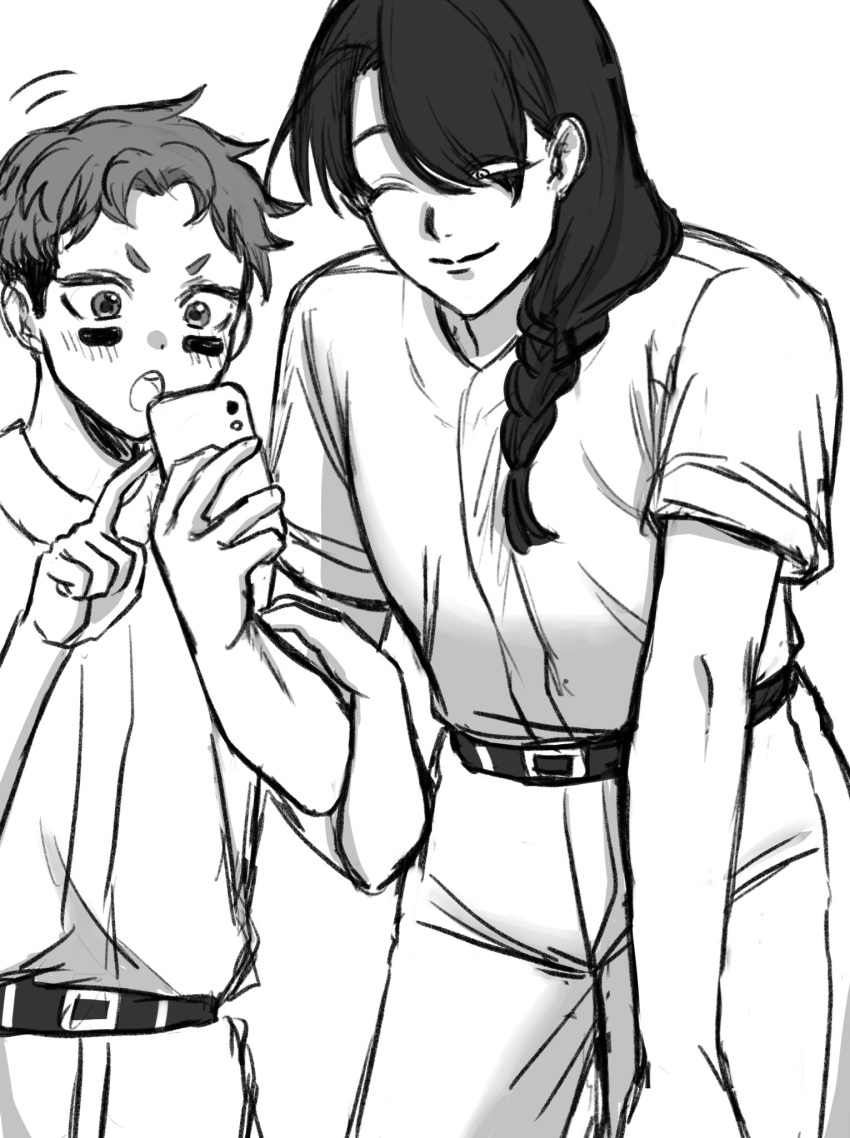 2boys, :o, androgynous, baseball_jersey, baseball_uniform, belt, bishounen, blush