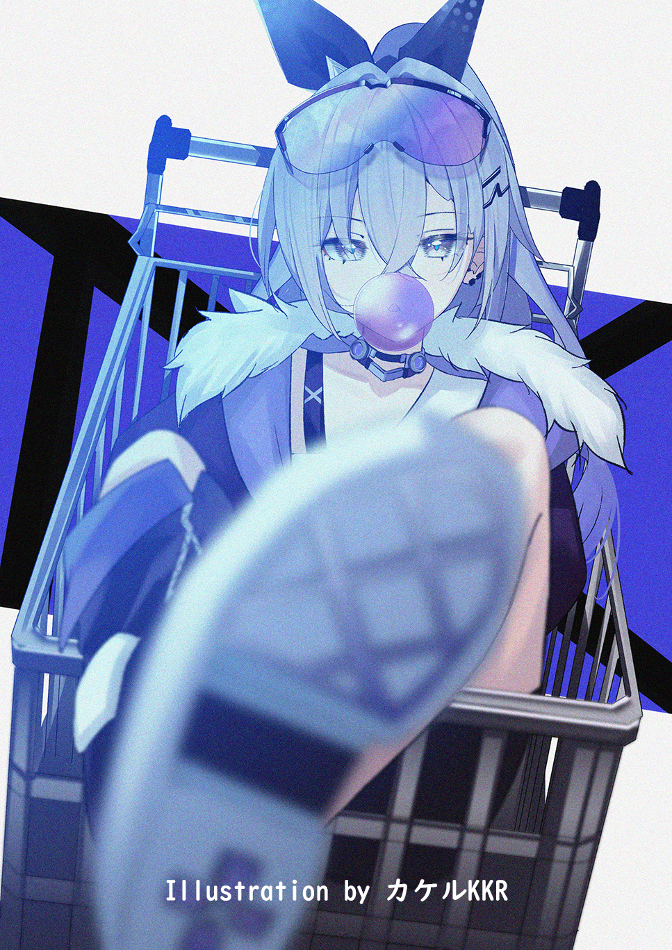 1girl, artist_name, black_jacket, blowing_bubble_gum, blurry, blurry_foreground, chewing_gum, feet