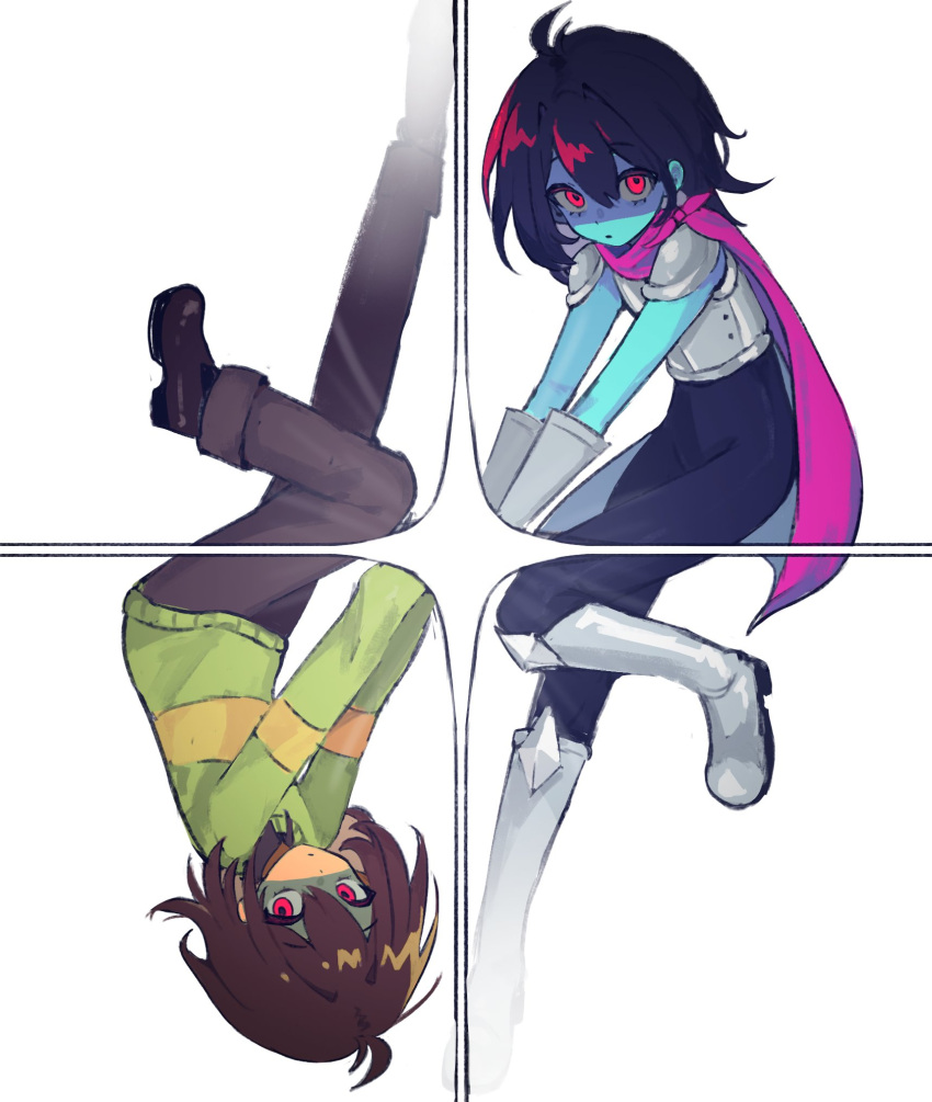 2others, androgynous, antenna_hair, armor, blue_skin, breastplate, brown_hair, brown_pants