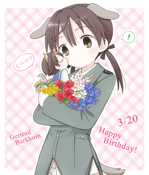 2girls, animal_ears, brown_eyes, brown_hair, english, flower, gertrud_barkhorn, heart
