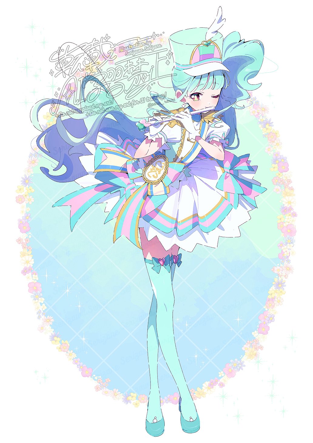 1girl, adapted_costume, aqua_background, aqua_hat, aqua_shoes, aqua_theme, aqua_thighhighs, blue_background