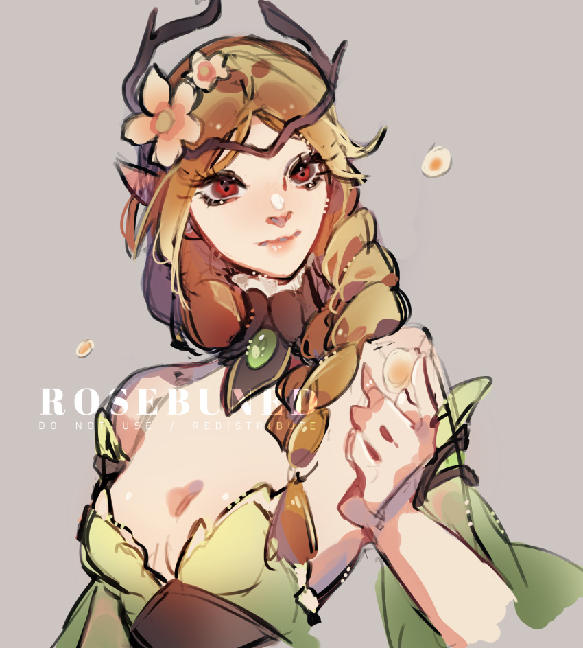 1girl, afk_(series), afk_journey, bare_shoulders, blonde_hair, braid, breasts, breasts_apart, closed_mouth, cowboy_shot, detached_sleeves, dress, elf, flower, grey_background, hair_flower, hair_ornament, headpiece, highres, jewelry, long_hair, looking_to_the_side, parisa_(afk), pointy_ears, red_eyes, rosabunnie, side_braid, solo, standing, watermark