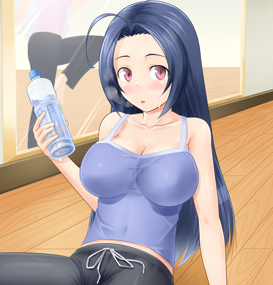 1girl, bottle, collarbone, female, idolmaster, long_hair, mirror, miura_azusa, red_eyes, reflection, shougi_(116), solo, sweat, syougi116, water_bottle