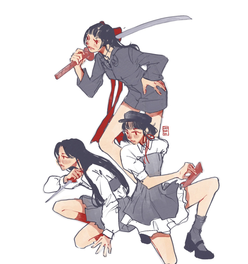 3girls, black_hair, blunt_bangs, commentary, dress, english_commentary, eunha_(gfriend), gfriend