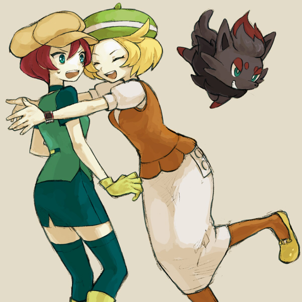 2girls, aqua_eyes, aqua_skirt, aqua_thighhighs, bianca_(pokemon), blonde_hair, bright_pupils, closed_eyes