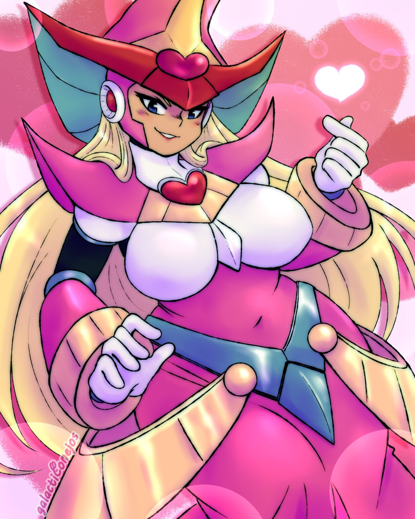android, arm_guards, armor, armored_dress, berkana_(mega_man), blonde_hair, blue_eyes, bracer, breastplate, breasts, chest_jewel, covered_navel, cuirass, dress, galacticonejos, gem_hat_ornament, gloves, hair_over_shoulder, happy_valentine, hat, headphones, heart, heart_bubbles, helmet, highres, joints, large_breasts, light_blush, lipstick, long_dress, long_hair, looking_at_viewer, makeup, mechanical_arms, mega_man_(series), mega_man_x_(series), mega_man_xtreme_2, pink_armor, pink_dress, pink_lips, robot, robot_girl, robot_joints, shoulder_armor, shoulder_spikes, signature, spikes, white_gloves, wide_hips, witch, witch_hat