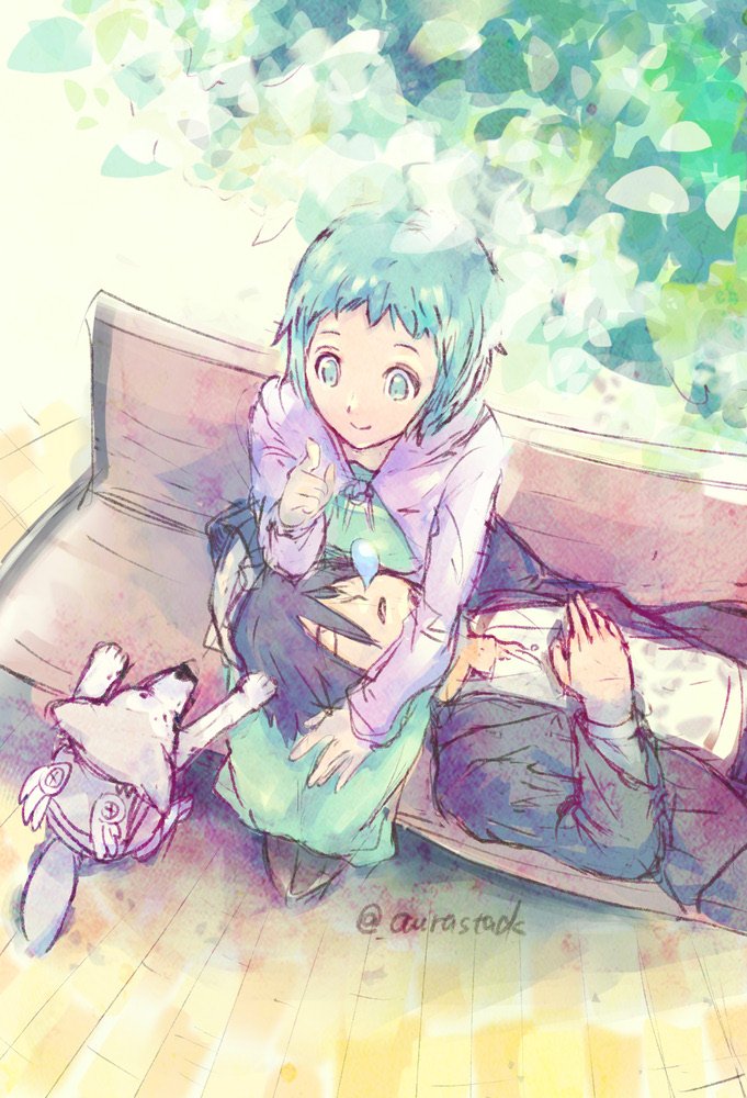 1boy, 1girl, aqua_eyes, aqua_hair, artist_name, aurastack, bench, black_jacket