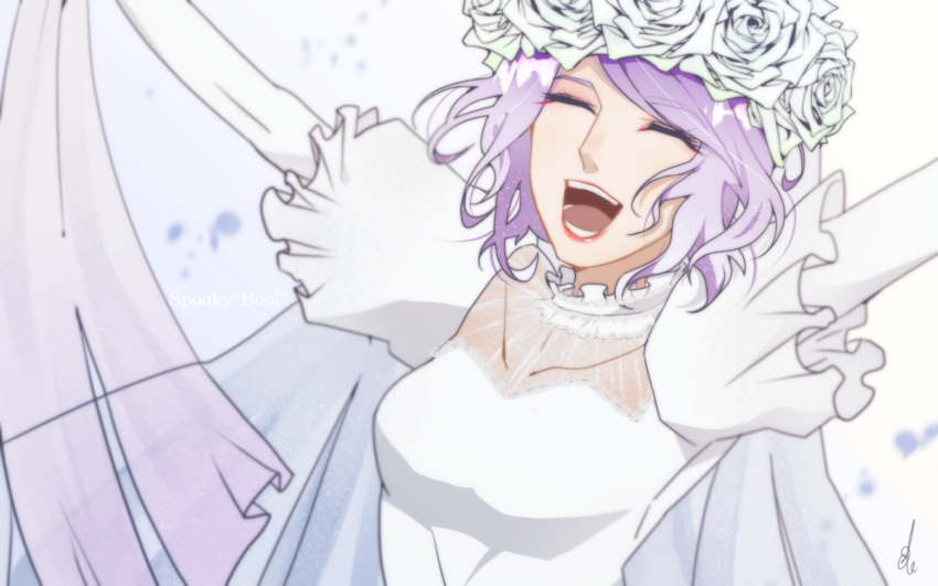 1girl, bridal_veil, eyelashes, flower, flower_wreath, ghost_girl, head_wreath, lipstick, looking_at_viewer, makeup, okoge1138, purple_flower, purple_rose, rose, see-through_clothes, short_hair, solo, the_bride_(disneyland), the_haunted_mansion, veil, white_flower, white_rose