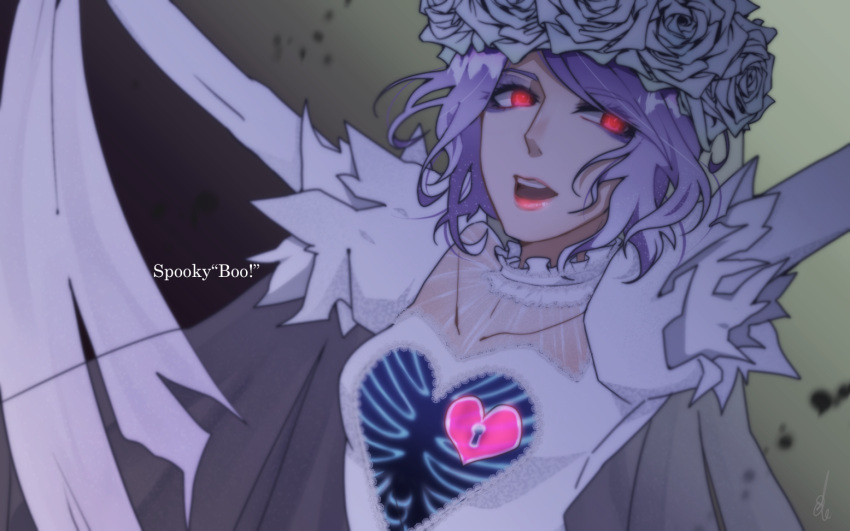 1girl, bridal_veil, eyelashes, flower, flower_wreath, ghost_girl, head_wreath, lipstick, looking_at_viewer, makeup, okoge1138, purple_flower, purple_rose, rose, see-through_clothes, short_hair, solo, the_bride_(disneyland), the_haunted_mansion, veil, white_flower, white_rose