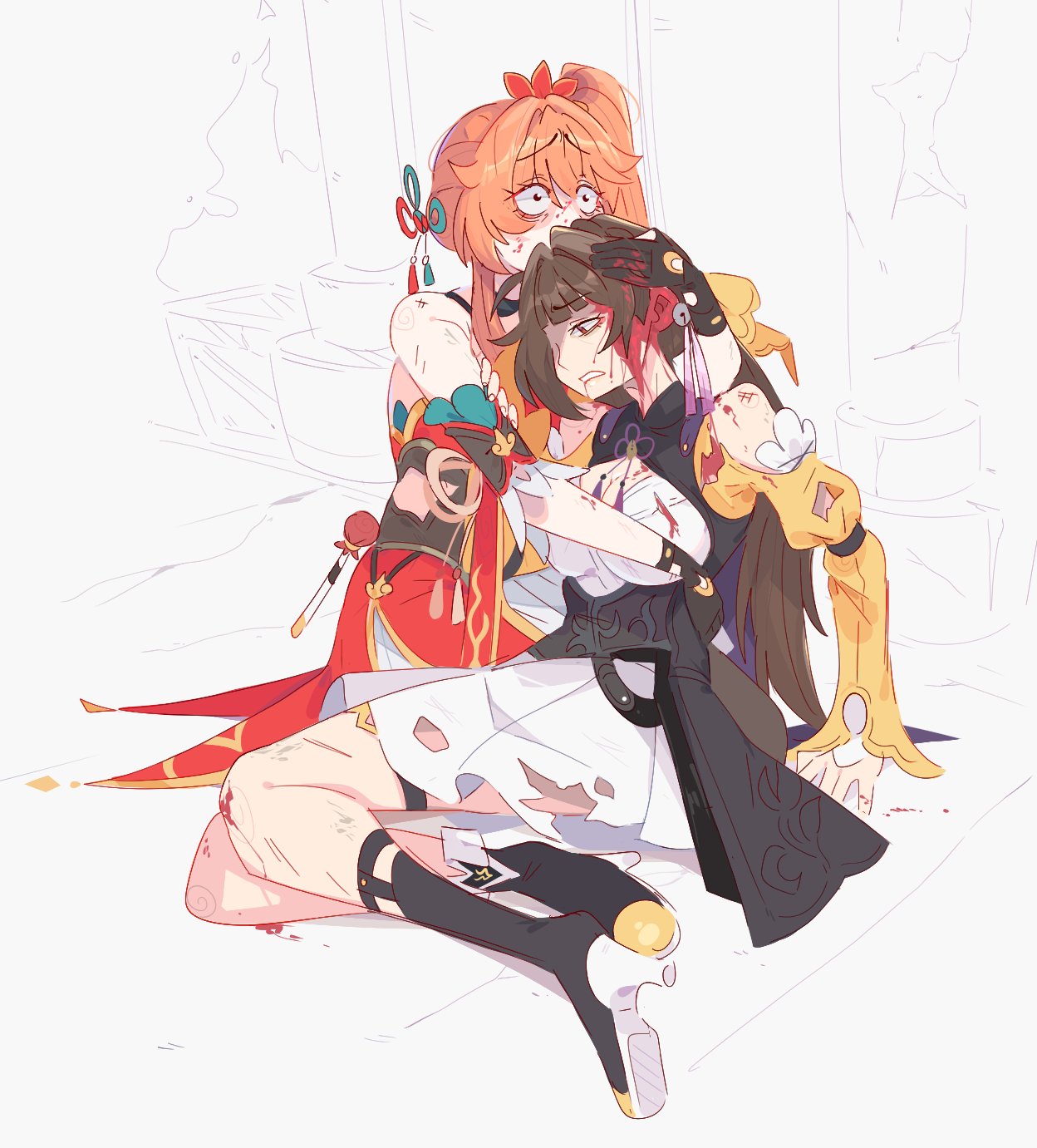 2girls, black_gloves, black_shoes, blood, blood_from_mouth, blood_on_face, brown_hair, clothing_cutout, death, detached_sleeves, dress, fine_art_parody, gloves, guinaifen_(honkai:_star_rail), hair_ornament, hand_on_another's_head, highres, honkai:_star_rail, honkai_(series), hug, ivan_the_terrible_and_his_son_ivan, long_hair, long_sleeves, multiple_girls, orange_hair, parody, red_dress, shoes, short_sleeves, shoulder_cutout, side_ponytail, sushang_(honkai:_star_rail), unfamousradish, white_dress, wide-eyed, yellow_sleeves