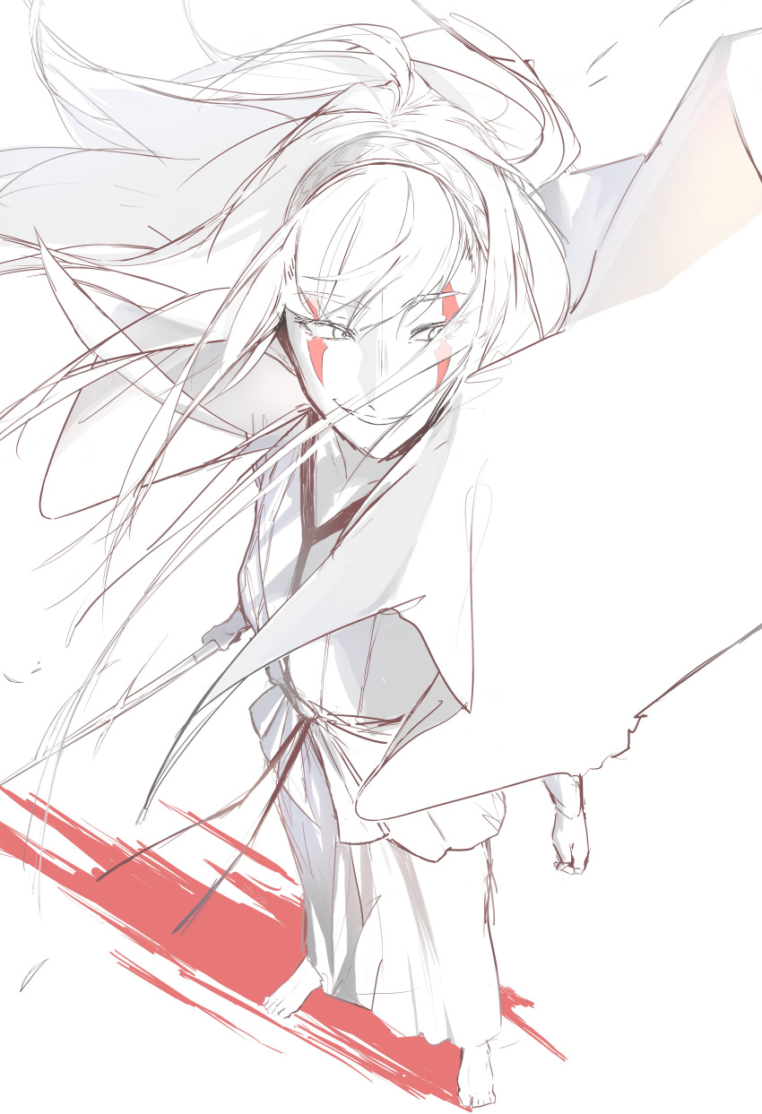1boy, absurdres, arm_at_side, capelet, colored_eyelashes, esu_kota, facepaint, facial_mark, floating, floating_hair, full_body, hairband, highres, holding, holding_sword, holding_weapon, long_hair, looking_at_another, original, robe, smile, solo, standing, sword, tower_of_god, weapon, white_(tower_of_god), white_background, white_capelet, white_eyelashes, white_eyes, white_hair, white_robe, wind