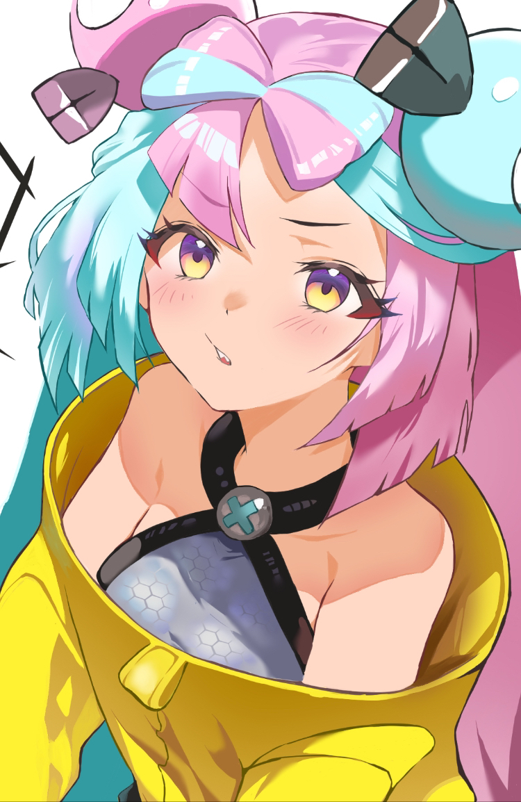 1girl, amateru, blue_hair, blush, bow-shaped_hair, breasts, character_hair_ornament, collarbone