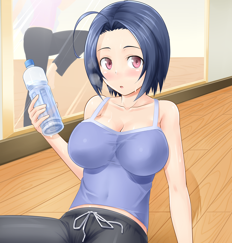 alternate_hairstyle, bottle, collarbone, idolmaster, idolmaster_2, mirror, miura_azusa, red_eyes