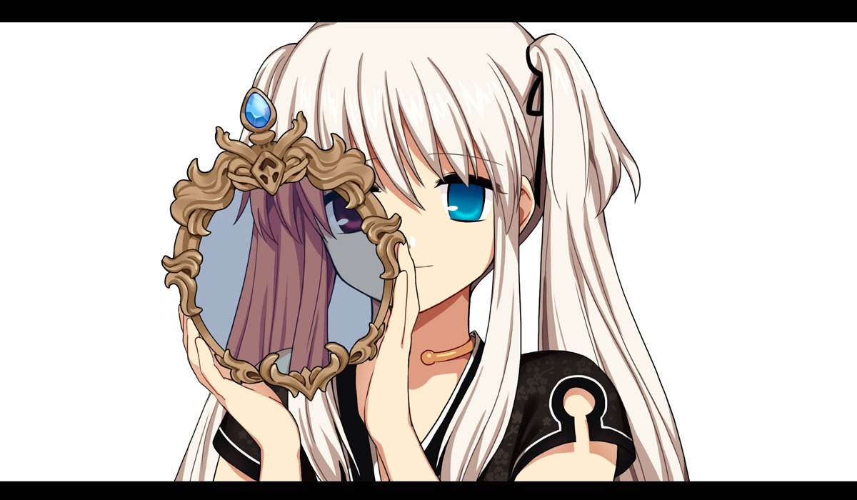 black_dress, black_ribbon, blue_eyes, dress, holding, holding_mirror, lessojin, long_hair