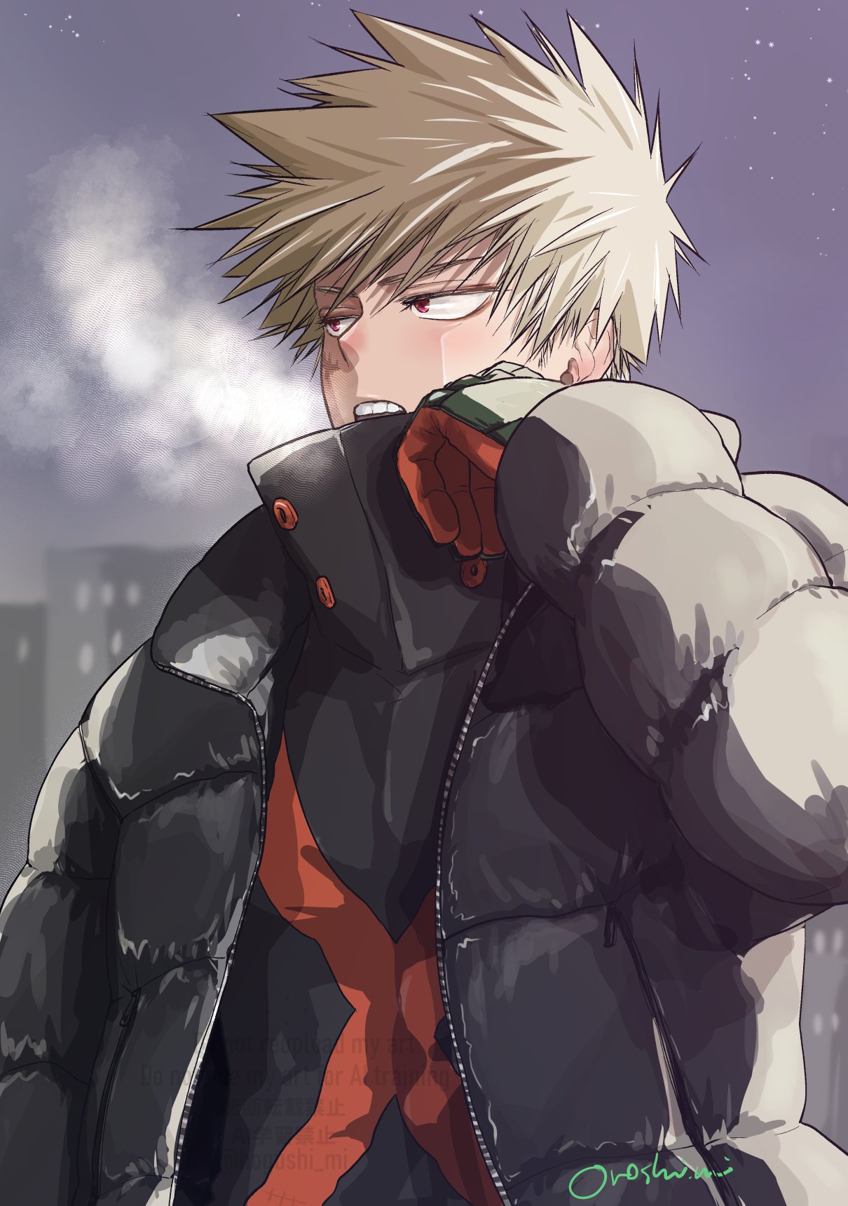 1boy, bakugou_katsuki, blonde_hair, boku_no_hero_academia, breath, cold, commentary_request, gloves