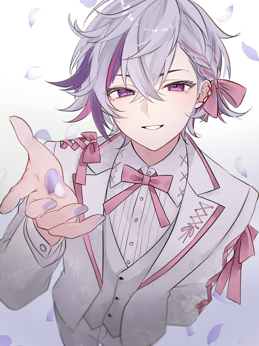 1boy, buttons, collared_shirt, fingernails, fuwa_minato, grey_hair, grey_vest, grin