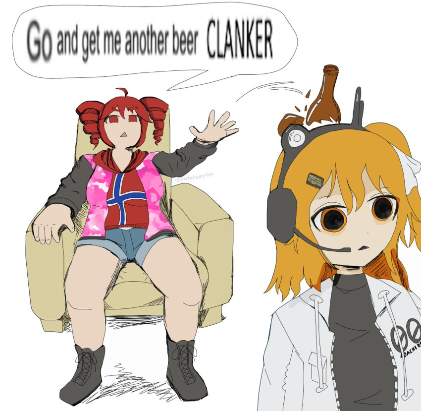 2girls, a.i._voice, adachi_rei, arms_up, black_boots, black_hairband, black_jacket, black_shirt