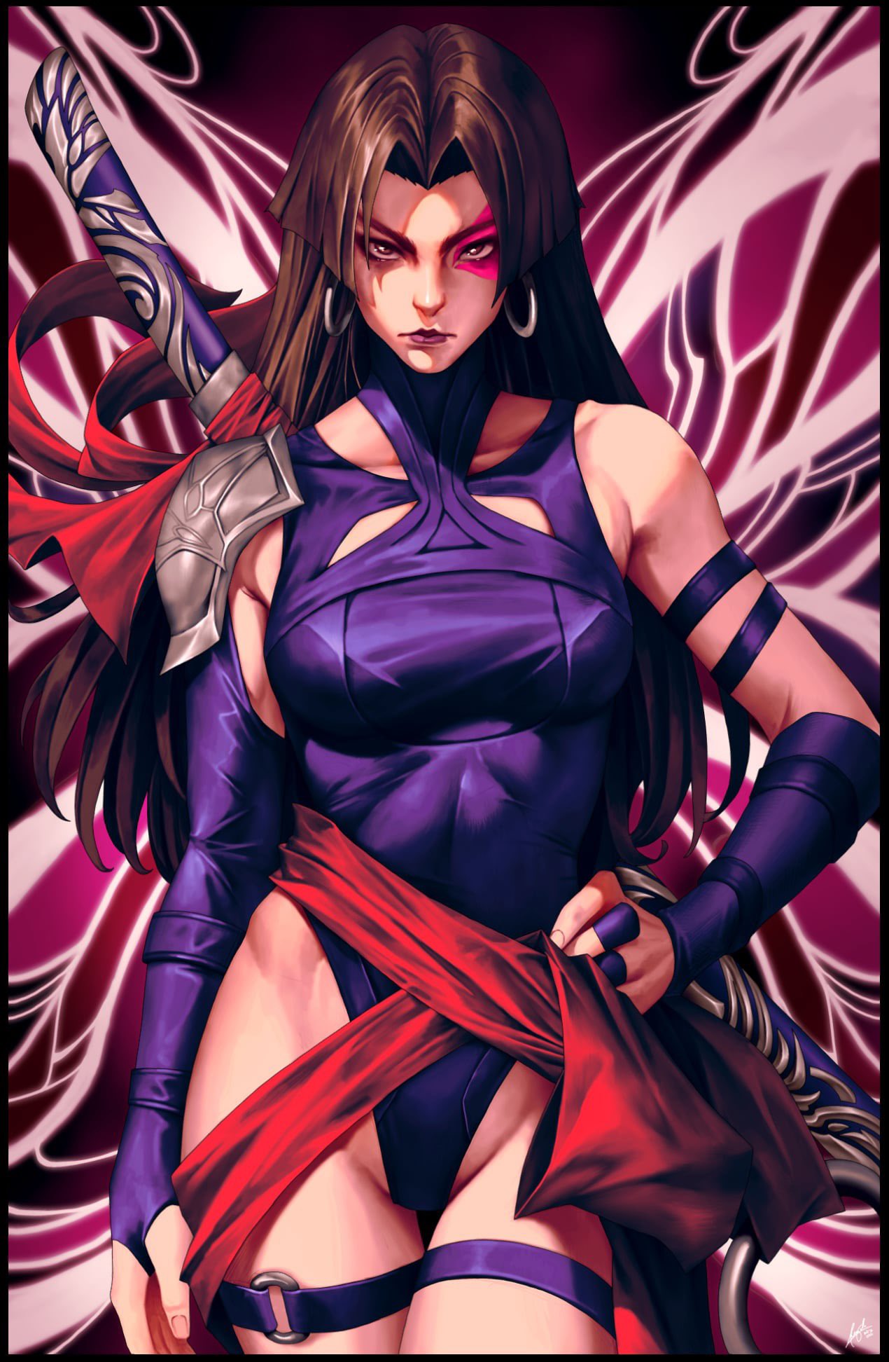 1girl, black_hair, blunt_bangs, cowboy_shot, hand_on_own_hip, highres, leotard, looking_at_viewer, marvel, marvel_rivals, parted_bangs, psylocke, purple_leotard, solo, standing, sword, sword_on_back, thigh_strap, weapon, weapon_on_back, wizyakuza