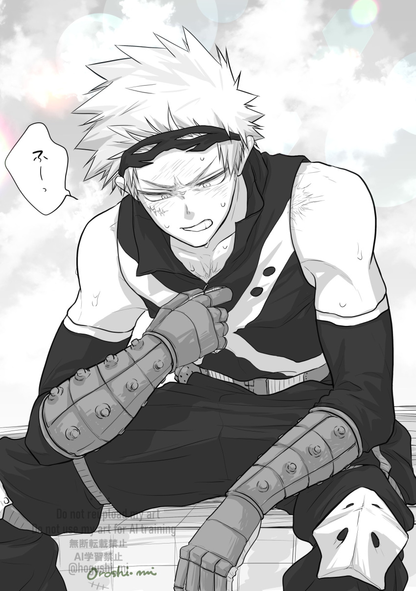 1boy, absurdres, bakugou_katsuki, boku_no_hero_academia, commentary_request, detached_sleeves, gloves, greyscale