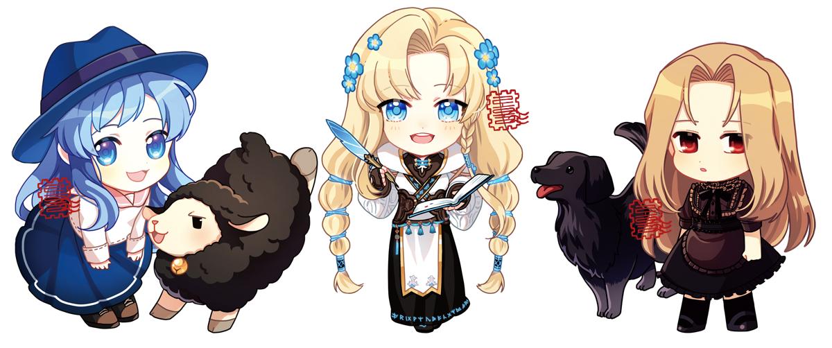 3girls, blony_(mabinogi), blue_eyes, chibi, commentary_request, dog, fleta, korean_commentary