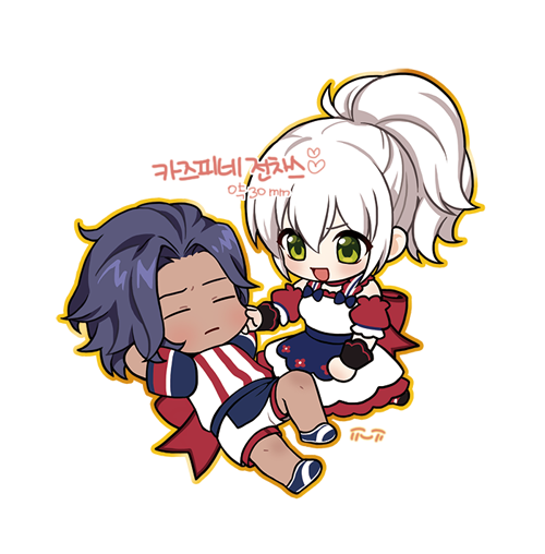 1boy, 1girl, chibi, couple, grabbing_another's_face, green_eyes, head_grab, lessojin