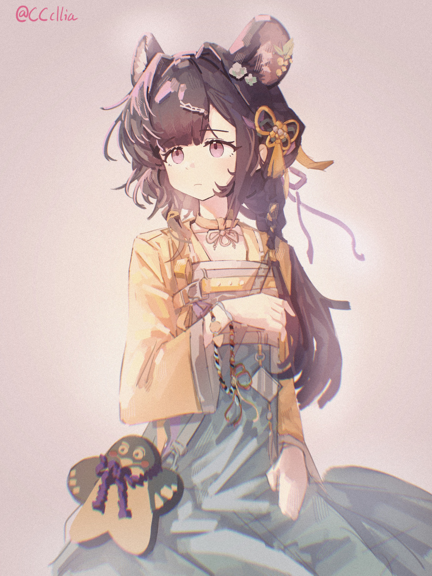 1girl, absurdres, animal_ears, arknights, brown_hair, chromatic_aberration, closed_mouth, commentary_request, film_grain, green_skirt, hair_ornament, high-waist_skirt, highres, long_hair, long_sleeves, looking_to_the_side, lutonada_(arknights), lutonada_(sending_thoughts)_(arknights), mouse_ears, mouse_girl, official_alternate_costume, pink_background, pink_eyes, sakuratani_hane, skirt, solo, turning_head, twitter_username