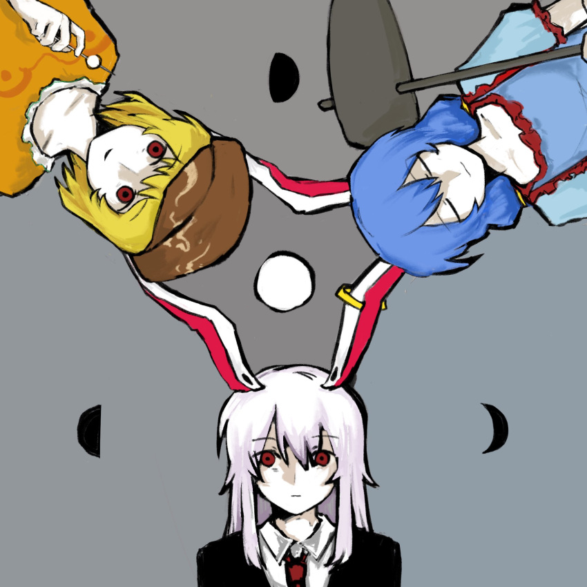 3girls, animal_ears, black_jacket, blonde_hair, blue_dress, blue_hair, brown_hat, closed_eyes