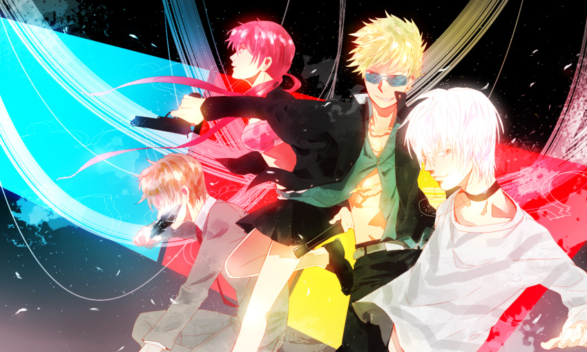 accelerator, blonde_hair, brown_hair, choker, etzali, gun, musujime_awaki, red_hair