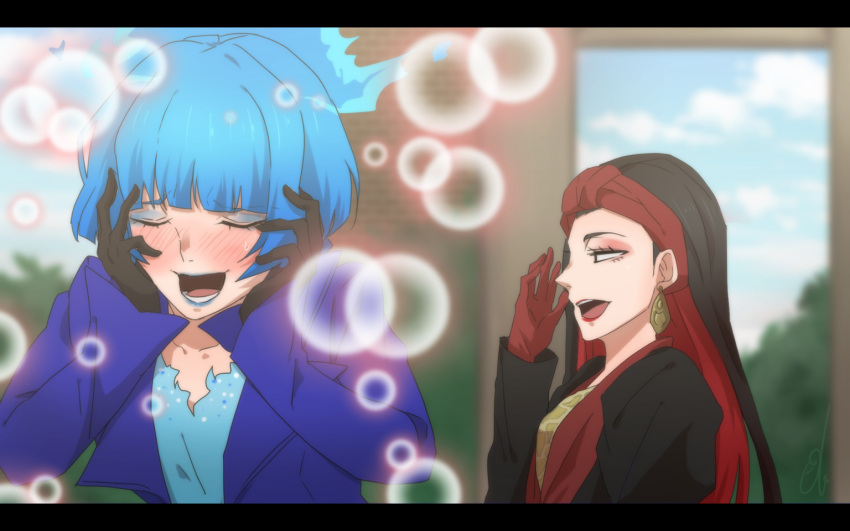 2girls, animification, black_hair, blue_hair, blue_lips, brown_hair, disneyland, dress